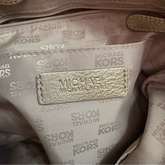 Michael Kors MK Signature Monogram Canvas Leather Trim Tote Bag Gold - Picture 7 of 8